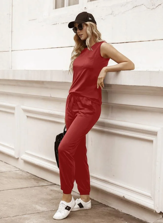 تايك تو طقم بلوزة بلا أكمام وبنطال بلون صدئي للنساء